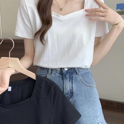 法式方领露锁骨夏季新款v领正肩短袖t恤女设计感小众上衣打底衫潮