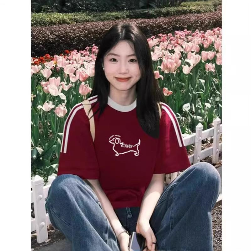美式复古酒红色短袖T恤女三条杠设计感正肩宽松显瘦学生半袖上衣