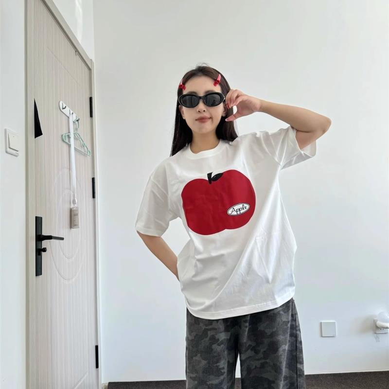 韩国小众白色短袖T恤女夏季苹果印花宽松休闲百搭重磅纯棉上衣ins