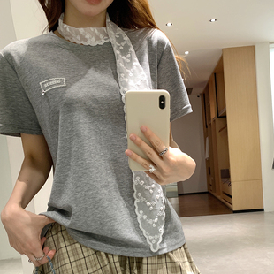 t恤女2025新款 实拍实价白色蕾丝飘带短袖 设计感百搭圆领宽松上衣