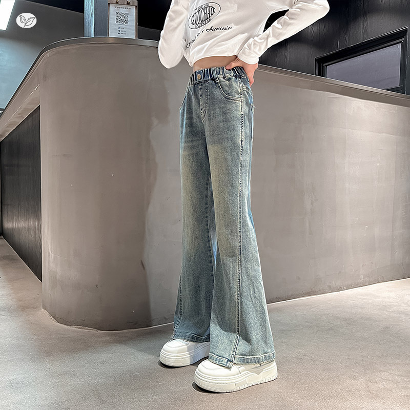 女童复古牛仔裤2025秋季新款高腰喇叭裤中大童阔脚裤拖地长裤学生
