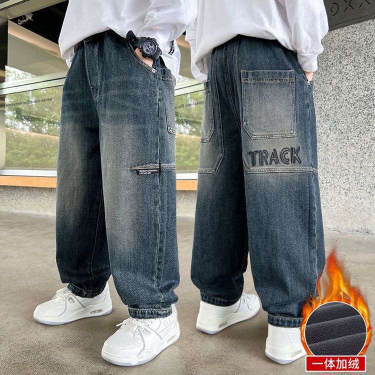 儿童装男童一体加绒加厚裤子2025秋冬新款牛仔裤男孩中大童冬季潮