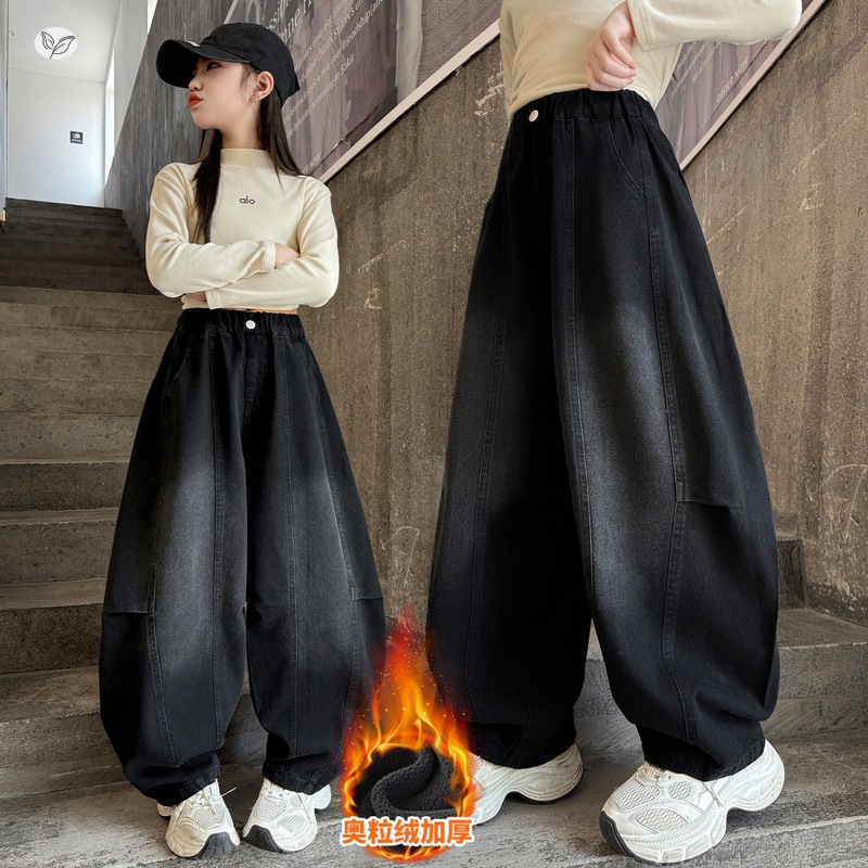 女童2025年冬季新款嘻哈风加绒工装牛仔裤酷女孩户外保暖哈伦裤潮