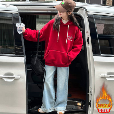 女童2025年冬季新款小蘑菇刺绣连帽卫衣套装女大童新年红加绒上衣