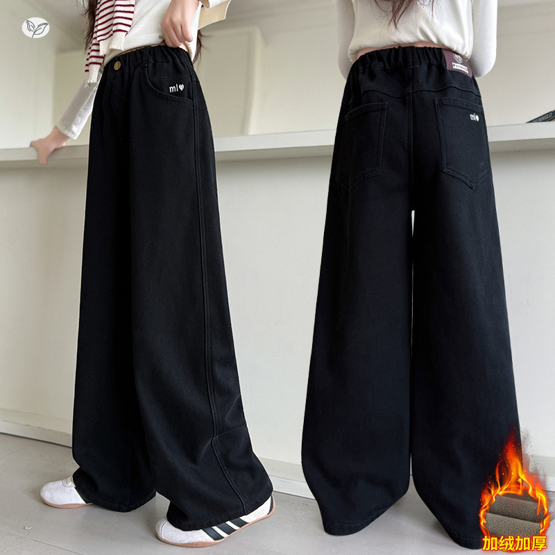 女童爱心皮标牛仔裤2025年秋冬加绒长裤中大童休闲刺绣直筒阔腿裤