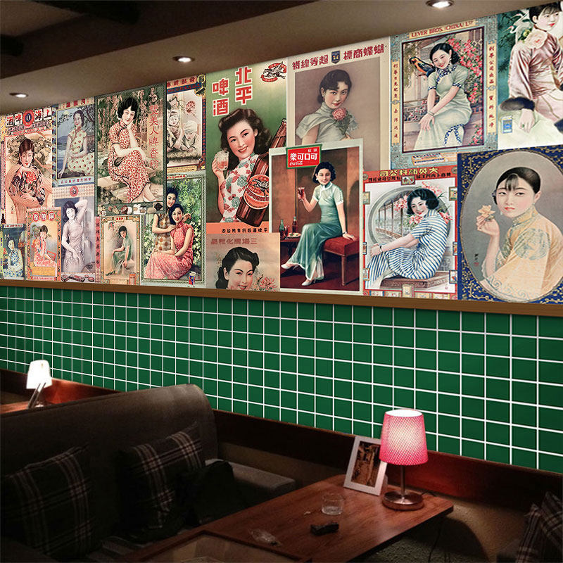老上海民国风背景墙纸奶茶店少女茶叶啤酒广告复古怀旧直播间壁纸