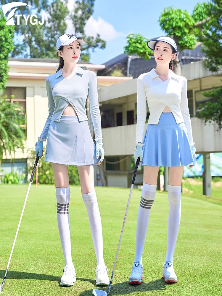 高尔夫球女士长袖t恤 个性拼色运动polo衫V领修身显瘦女装上衣服