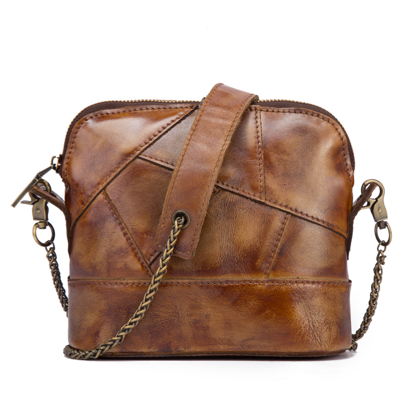 新款复古女包手工擦色植鞣皮拼接链条包休闲单肩做旧斜挎小贝壳包