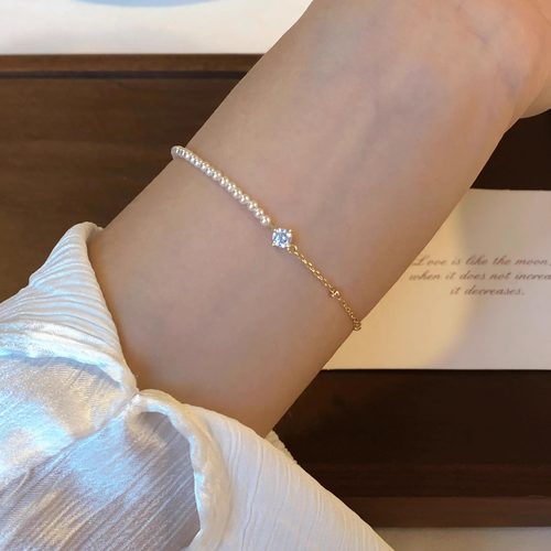 鲛人语/月光序曲 原创爆闪锆石极细珍珠豆豆手链百搭通勤手串生日