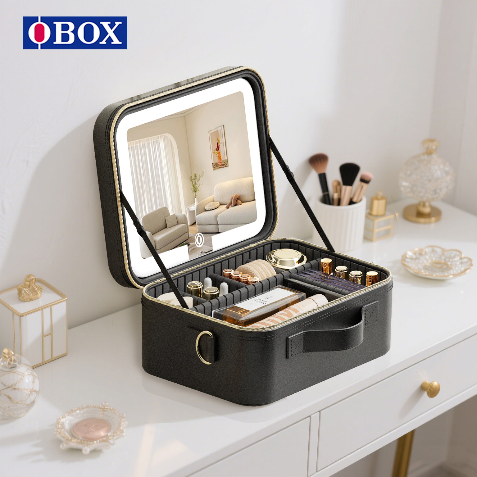 OBOX纯色化妆包高清带镜便携式