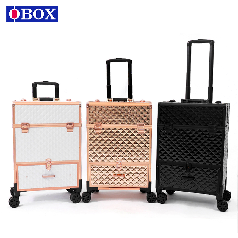 OBOX水立方化妆箱专业跟妆师带抽屉拉杆万向刹车轮美甲纹绣工具箱