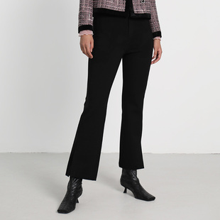 春夏新款黑色罗马布面料双拉链无侧缝显瘦藏肉后腰松紧带微喇长裤