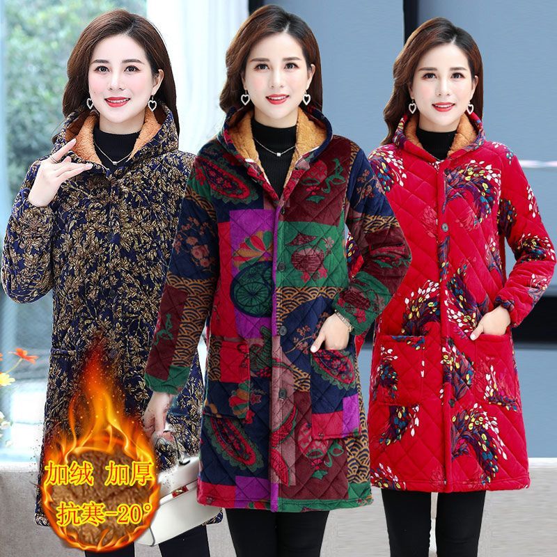 四川省服中老年女秋中长款棉服加大码妈妈棉衣中年人加绒加厚棉袄
