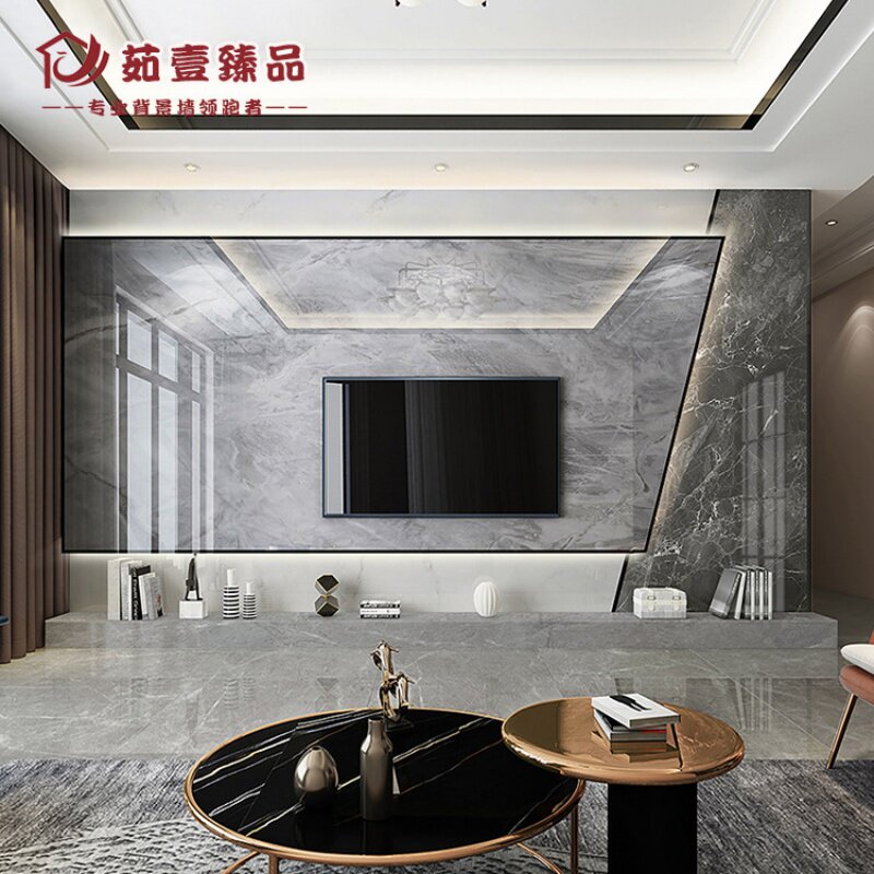 悬空电视背景墙瓷砖石材岩板影视墙渗墨uv大板罗马柱新中式大理石
