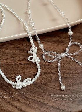 蝴蝶结圆球珍珠项链小众优雅高级感气质锁骨链简约轻奢项饰批发女