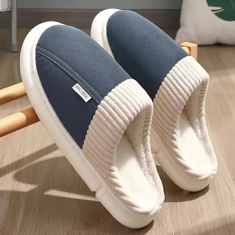 防水PU棉拖鞋男2024新款室内家居防滑防臭耐磨秋冬大码棉拖鞋女士