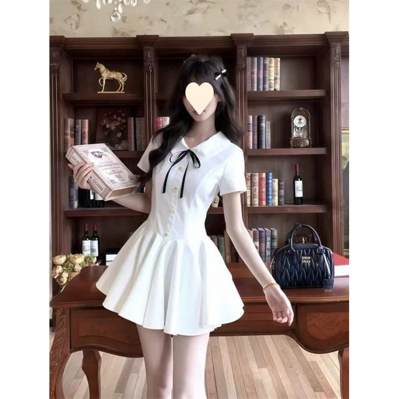 夏季学院风甜美蝴蝶结娃娃领白色连衣裙女收腰百褶a字短裙公主裙