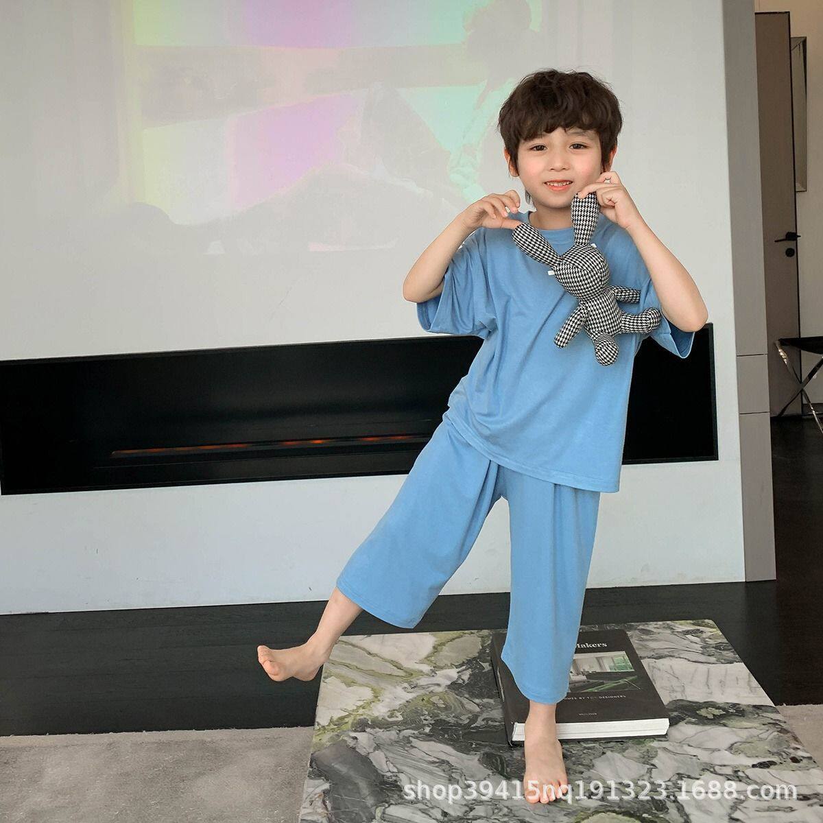 男童睡衣夏季短袖儿童中大童冰丝家居服亲子套装夏装薄款两件套潮