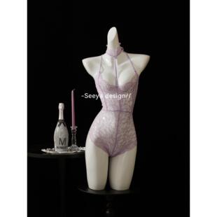 尤物陷阱 性感蕾丝镂空透视连体挂脖内衣诱惑纯欲风战袍qqny