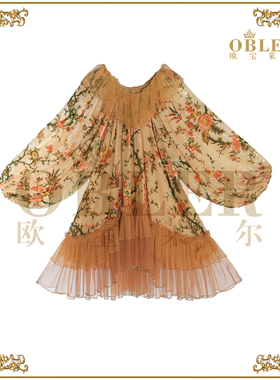 【欧宝莱尔】荷叶边装料植绒印花长袖上衣305-A-25795黄色