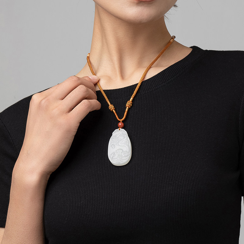 【玉顺行X故宫】宫廷文创天然和田白玉鱼变龙祥云纹玉挂坠新款