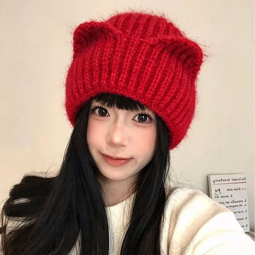 日系猫耳针织帽女秋冬保暖护耳