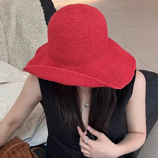 日系手工细钩针草帽子女夏季海边度假大帽檐可折叠草编遮阳防晒帽