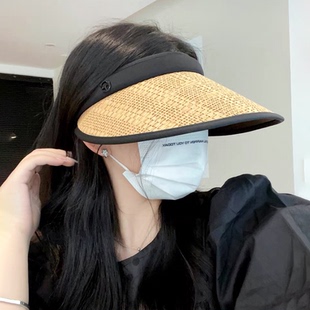 日本黑胶大檐遮阳草编空顶帽子女款2023新款春夏季出游百搭防晒帽