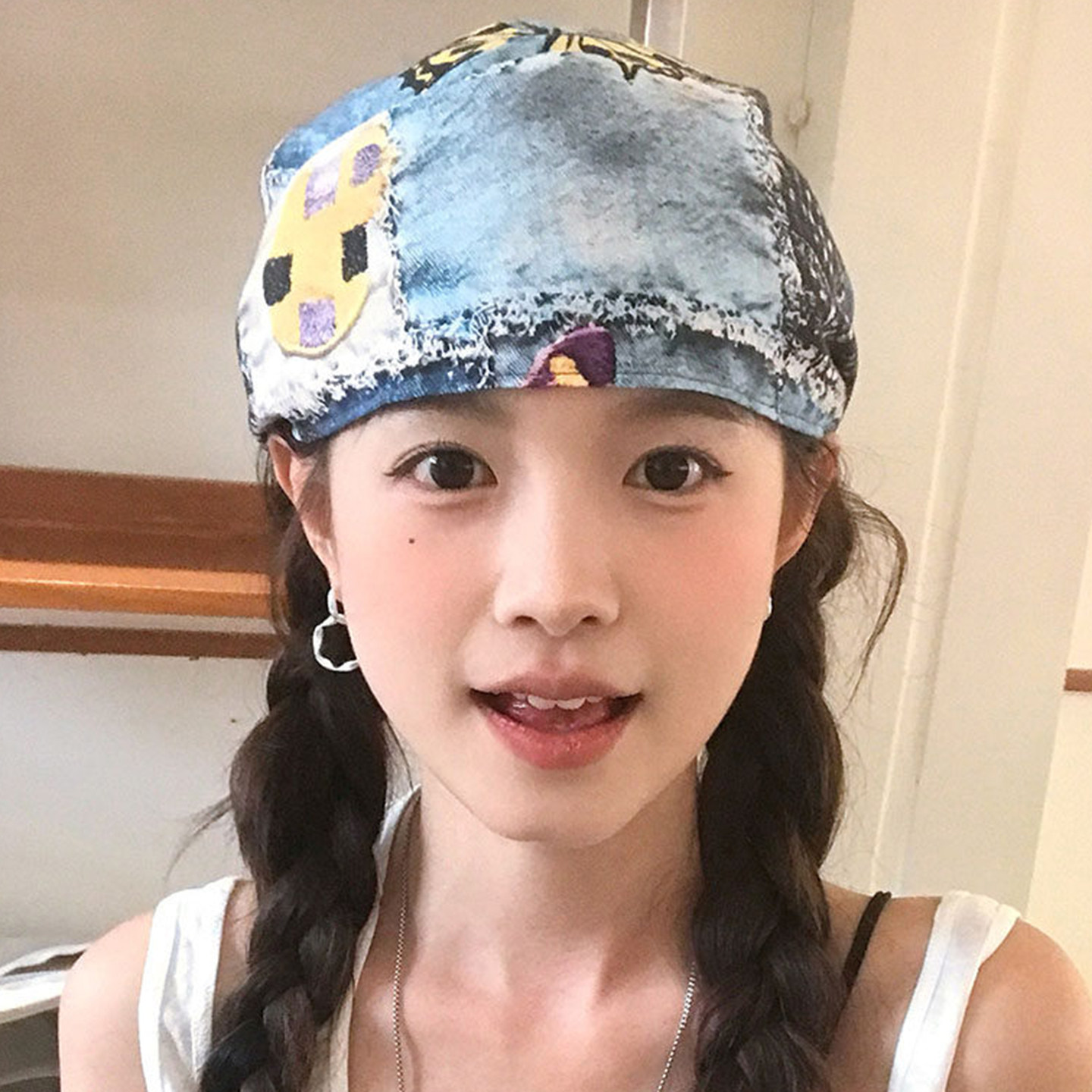 废土风印花拼布系带包头帽显脸小
