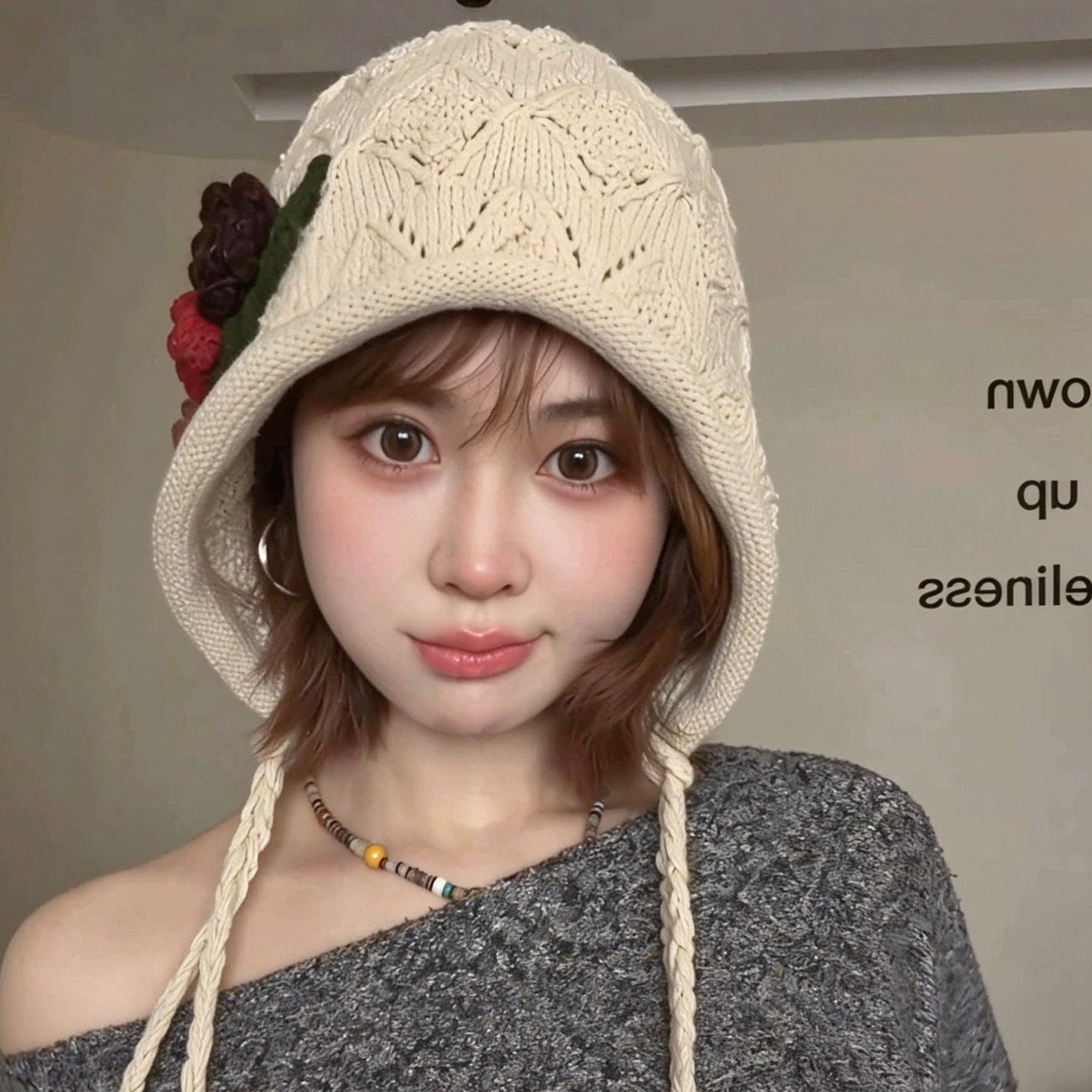 复古手工钩针花朵针织帽女保暖