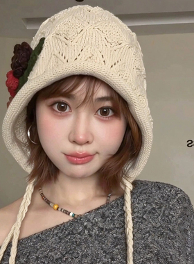复古手工钩针花朵针织帽女保暖