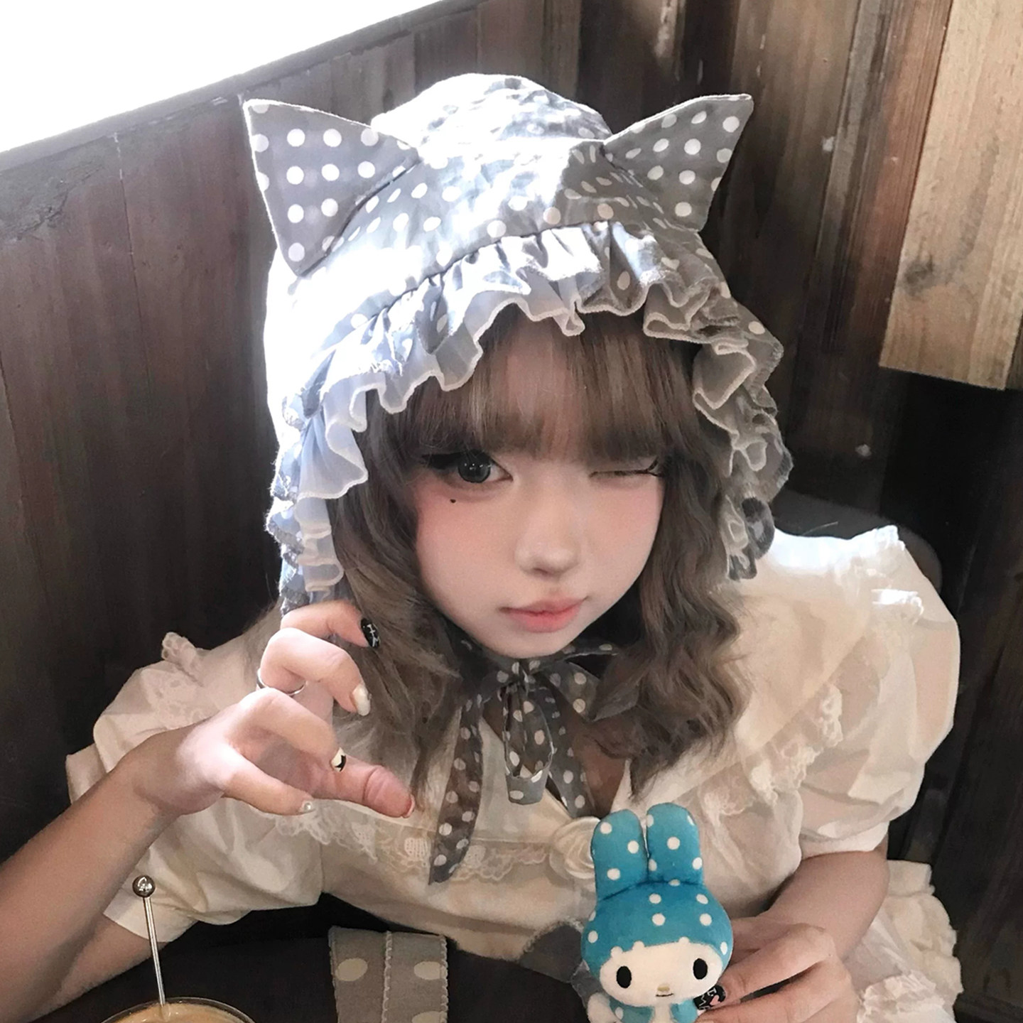 灰色波点花边可爱猫耳渔夫帽女款夏季薄款绑带盆帽显脸小防晒帽子