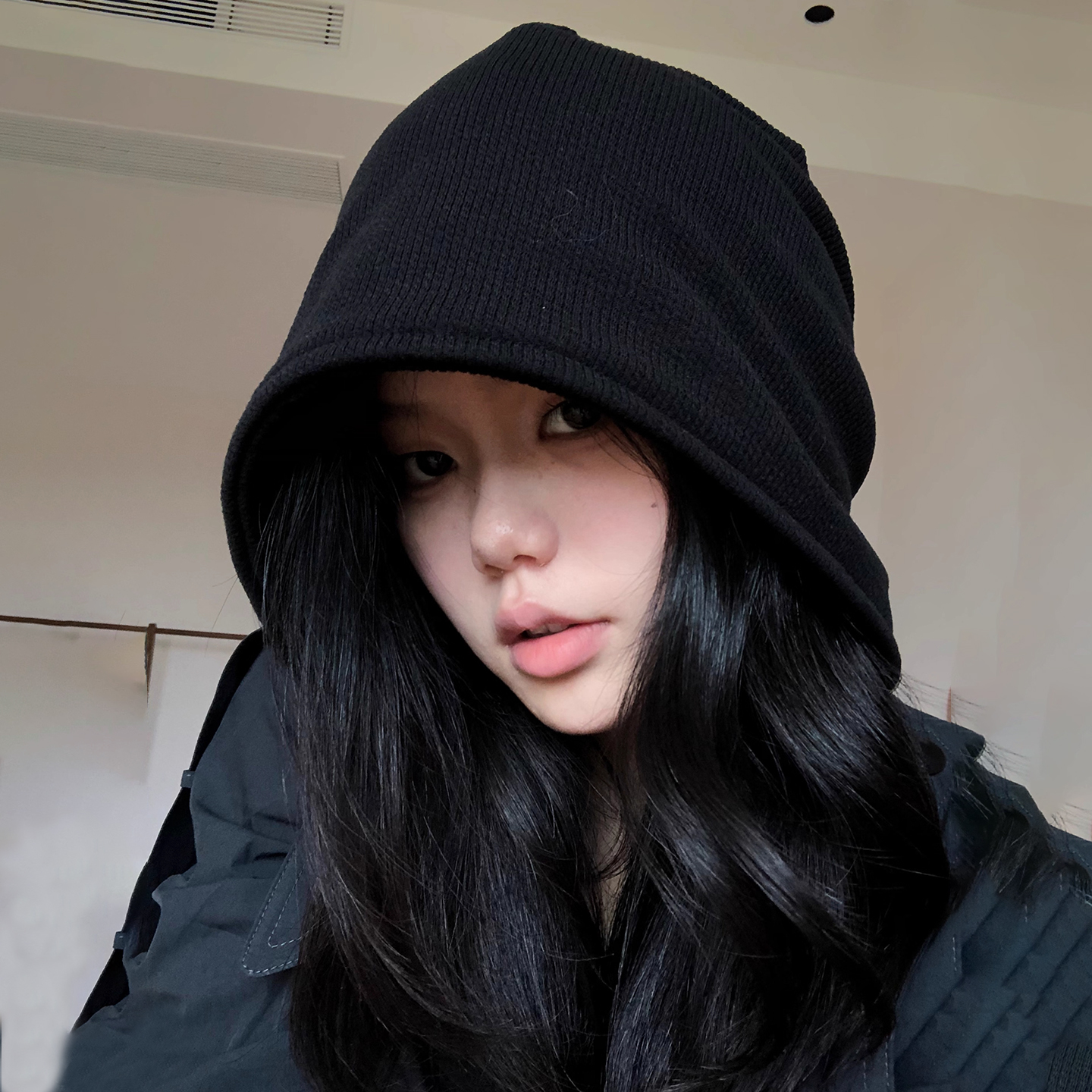 韩系黑色针织帽女宽松素颜大头围