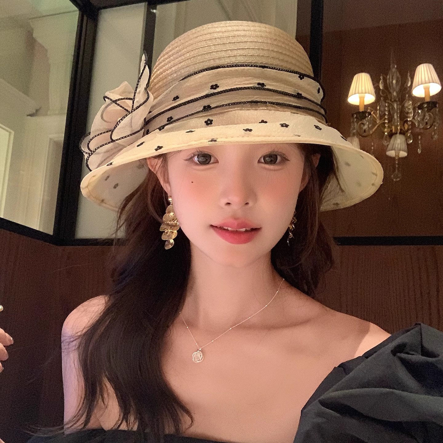 韩版波点欧根纱花朵渔夫帽子女夏