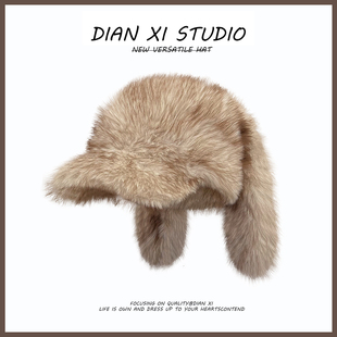 日系可爱兔耳毛绒鸭舌帽子女款2025新款冬季甜美保暖百搭护耳帽潮