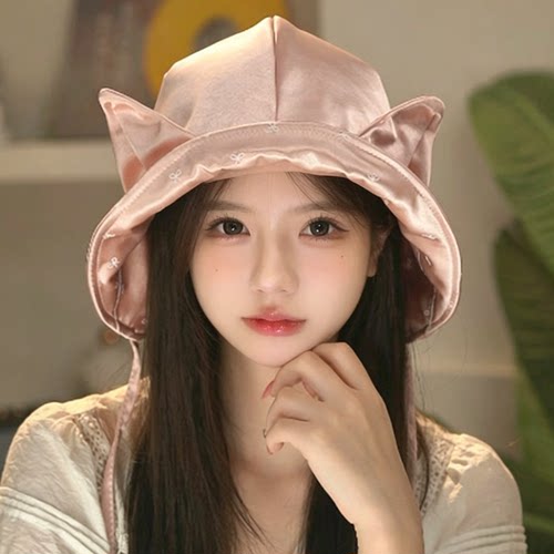 甜美缎面猫耳双面戴渔夫帽女防晒