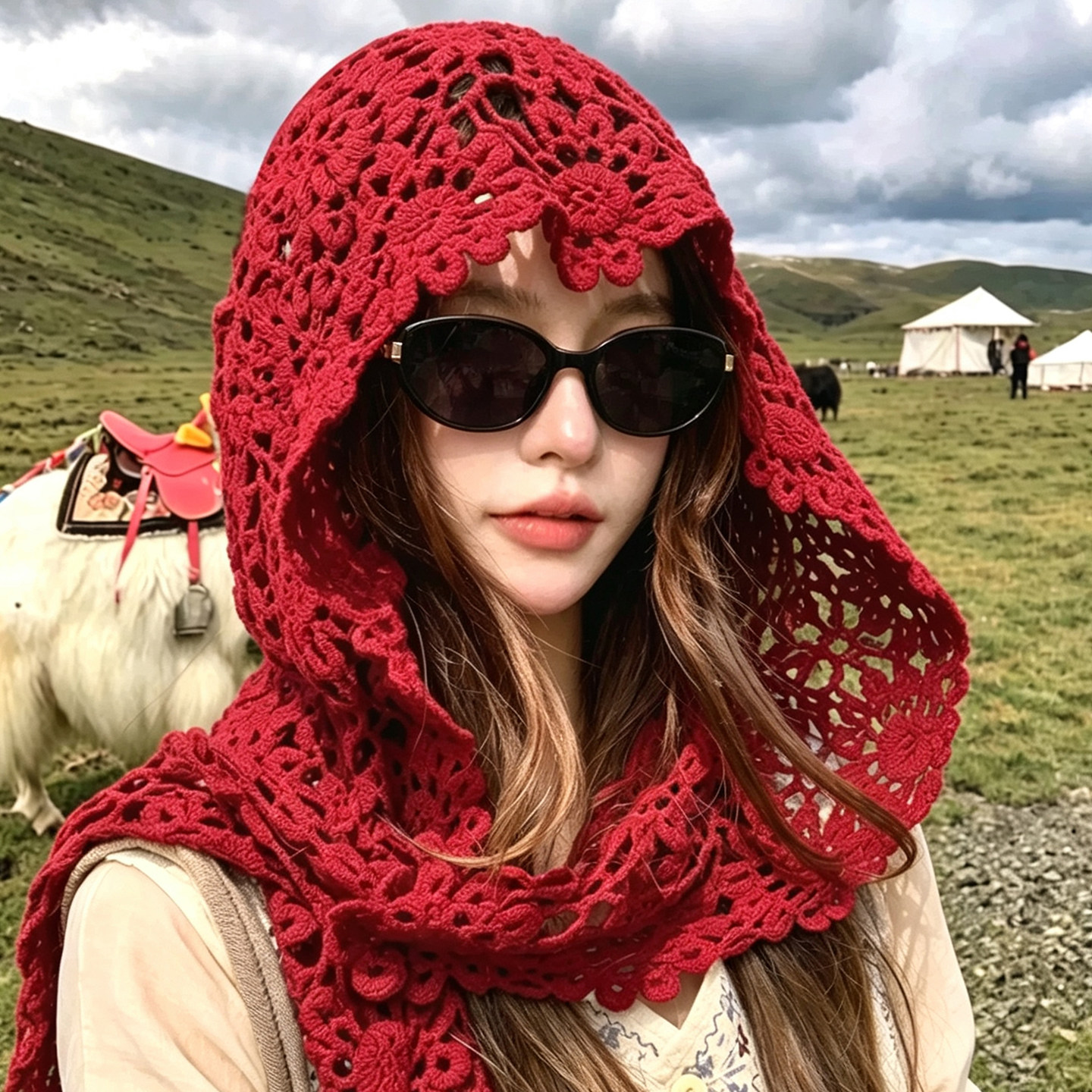 红色手工钩针废土风包头帽女四季