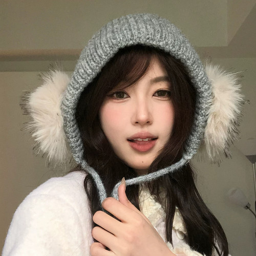 日系毛绒针织护耳帽女秋冬保暖