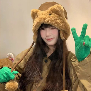 日系麂皮绒可爱猫耳毛绒雷锋帽子女冬季加厚保暖防寒大头围护耳帽