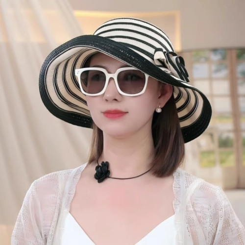 赫本风花朵条纹渔夫帽子女夏季