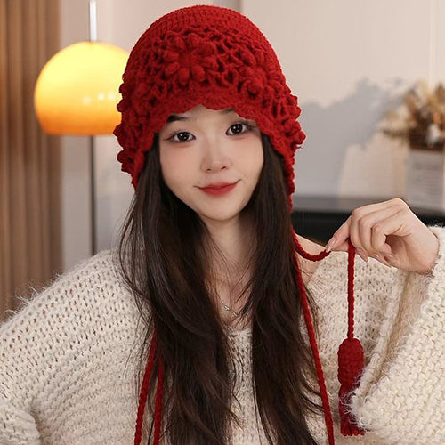 日系手工编织流苏包头帽子女秋冬
