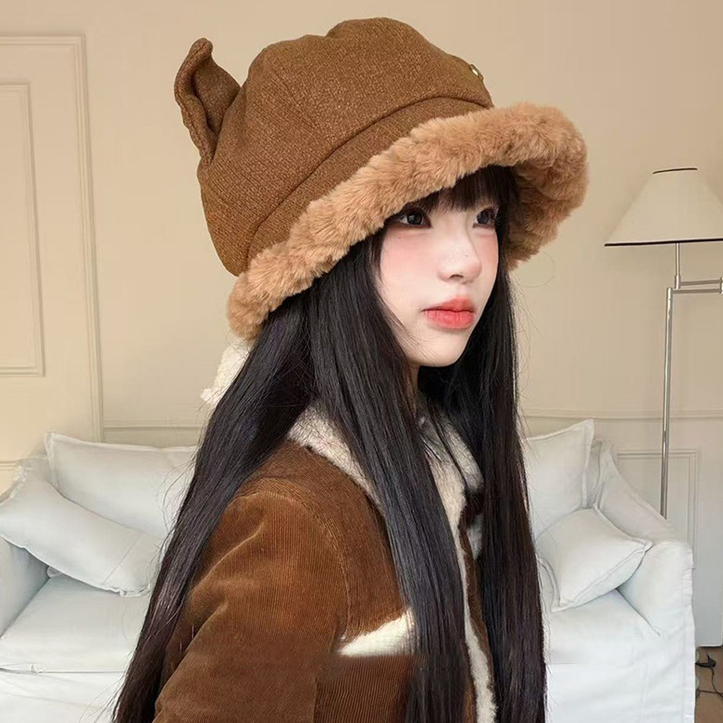 日系可爱立体猫耳渔夫帽子女冬季加厚保暖显脸小百搭双面戴毛绒帽