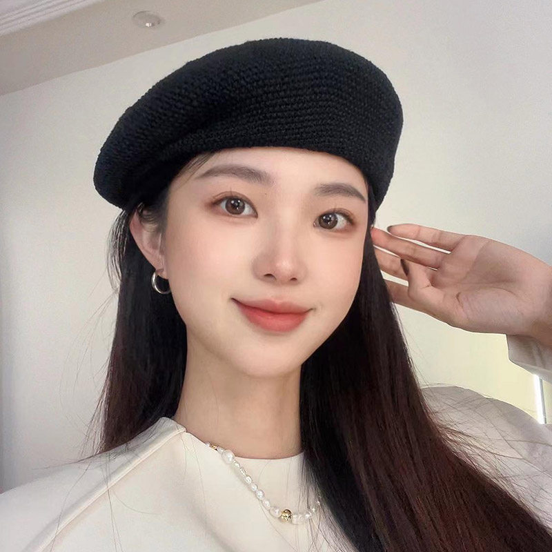 夏季贝雷帽子女款2025新款百搭镂空透气轻薄蓓蕾帽针织韩版画家帽