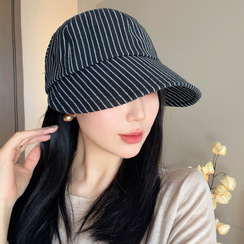 日系条纹宽檐防晒显脸小鸭舌帽女