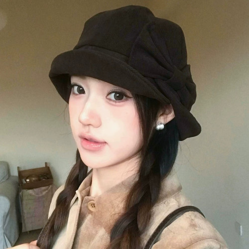 日系复古灯芯绒蝴蝶结渔夫帽女