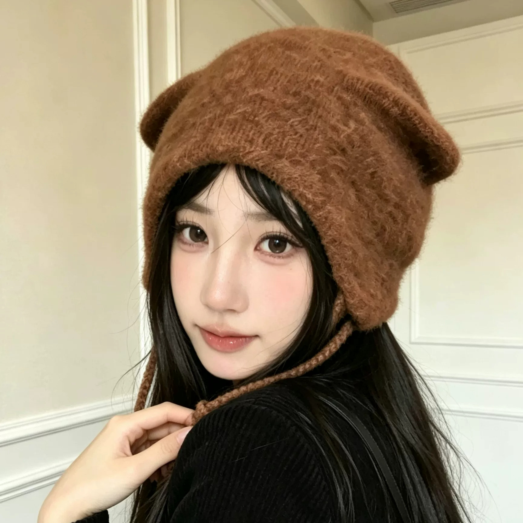 日系小熊耳朵针织帽女秋冬保暖