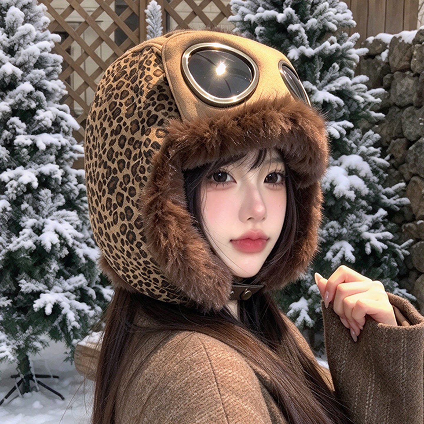 复古豹纹冬季加绒护耳雷锋帽女