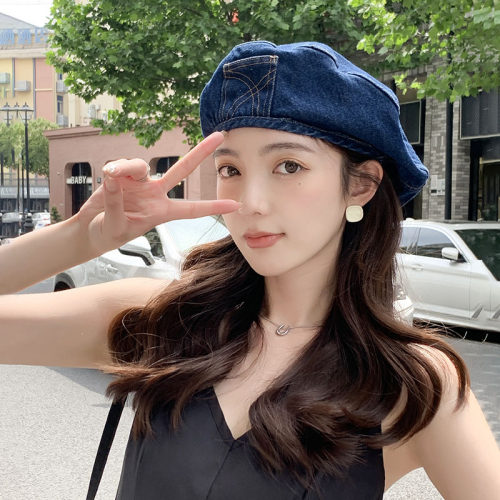 日系复古水洗做旧牛仔贝雷帽子女