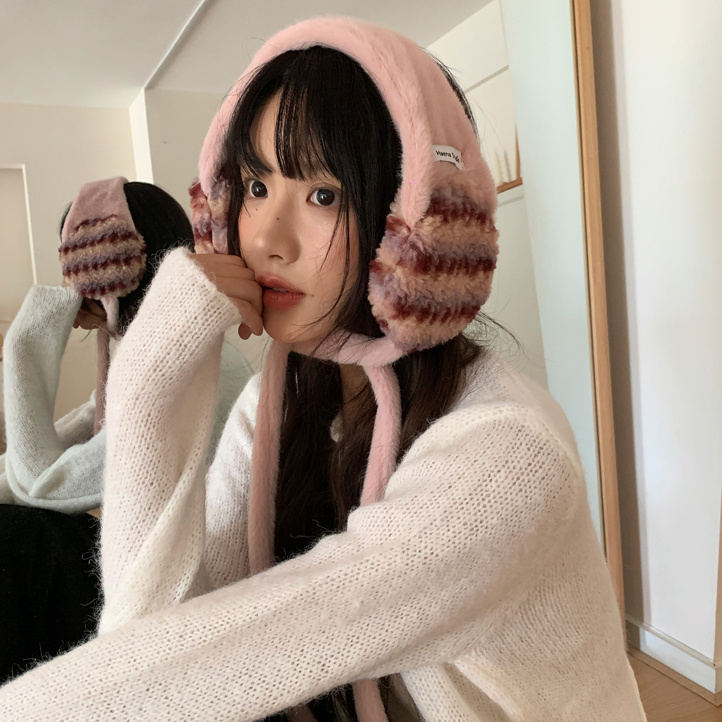 日系毛绒条纹贴布耳罩女冬季保暖