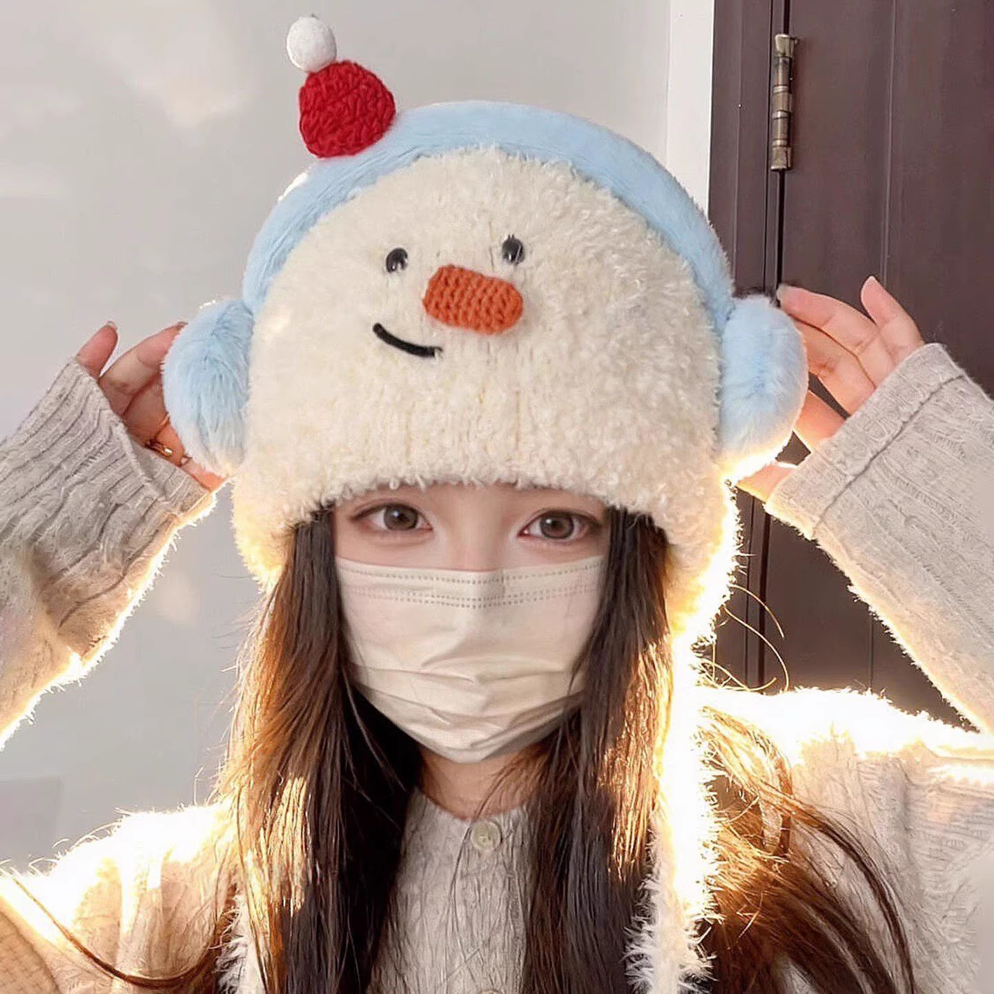 可爱雪人耳机毛绒针织帽子雷锋帽